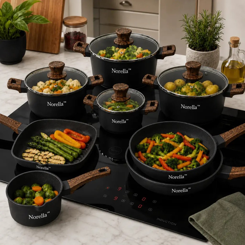 Norella cookware on induction hob with fresh vegetables
