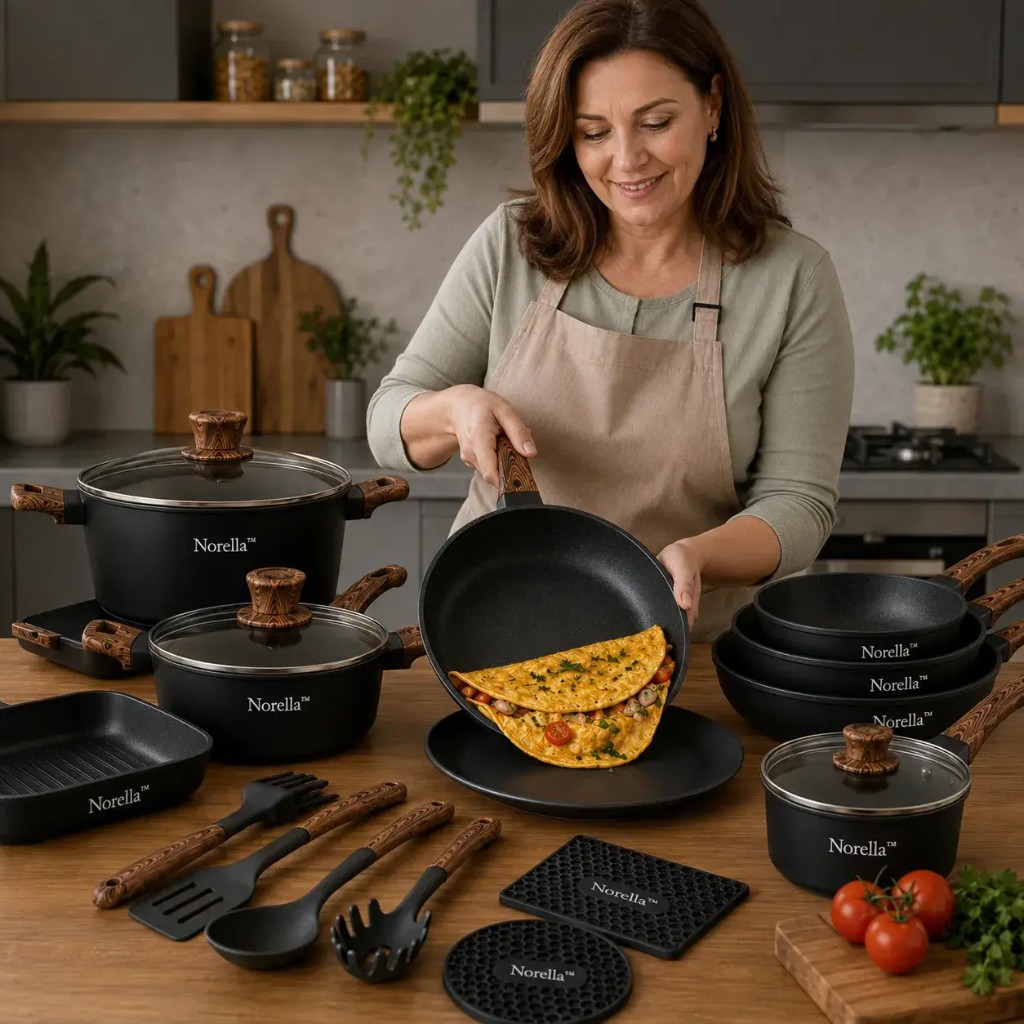 Norella woman cooking a non-stick omelet at home