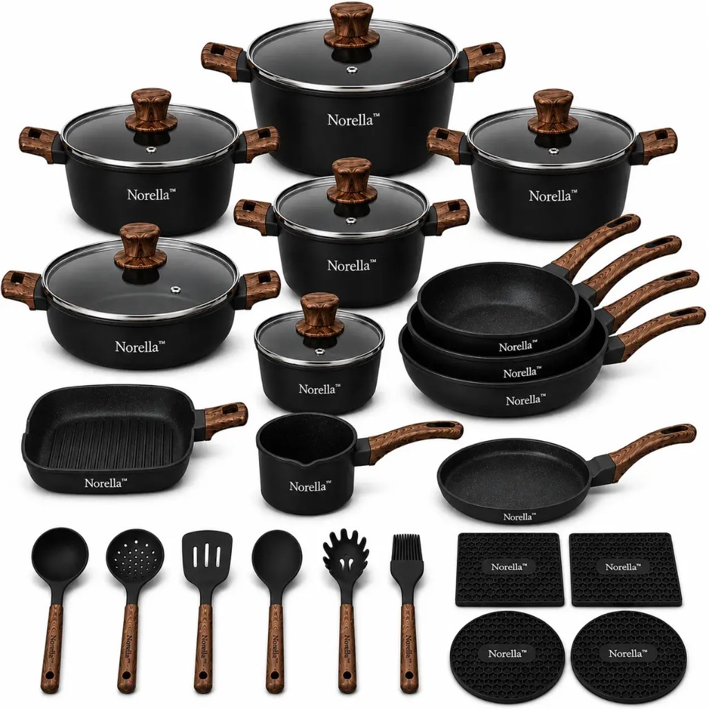 Complete Norella 22-piece black cookware set