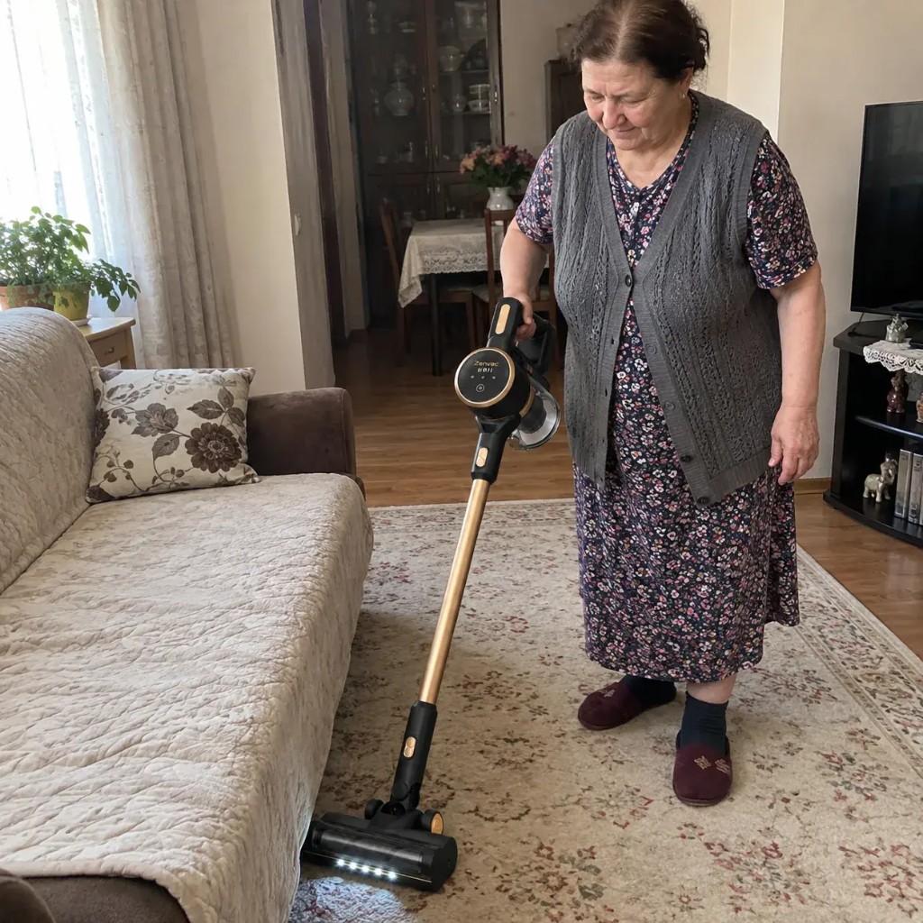 Cliente che usa Zenvac sotto il divano a casa